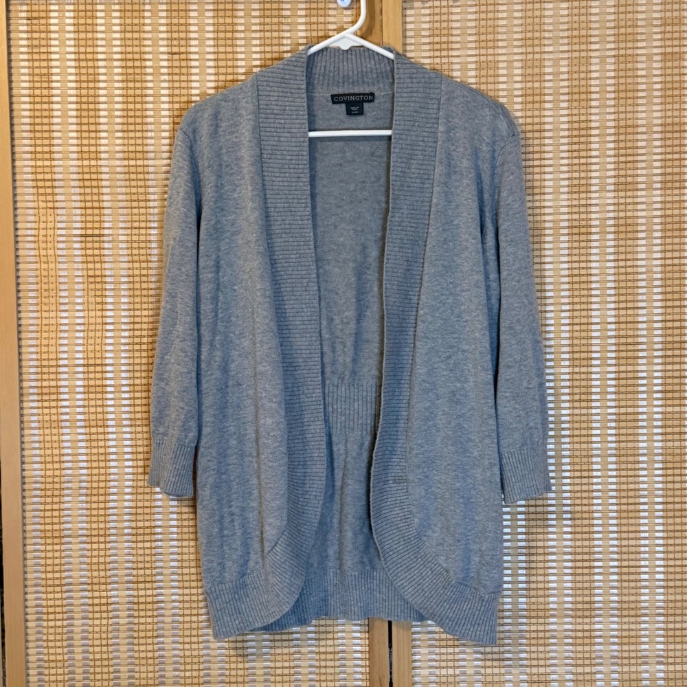 Covington Womens XL Gray Open Front Cardigan Ribbed Knit 3/4 Sleeve Sweater